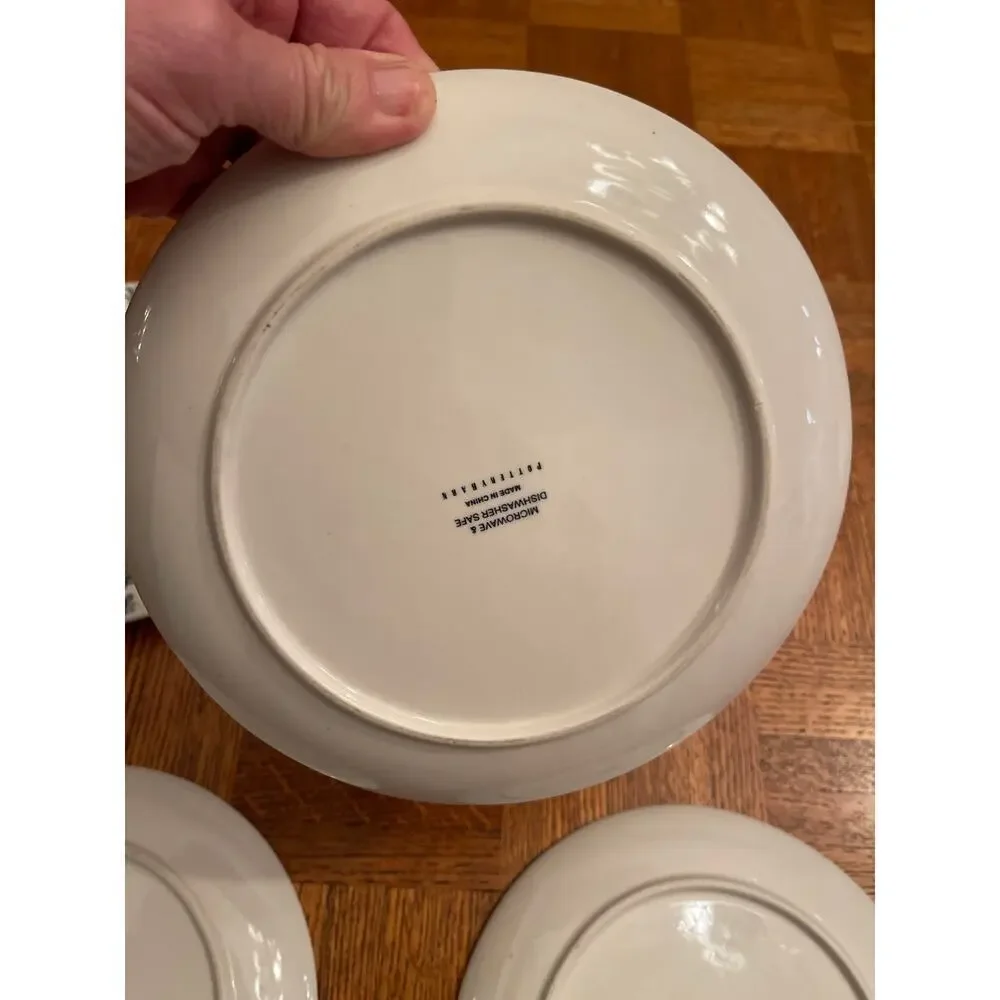 Pottery Barn blue leaf patterned plate set (5)